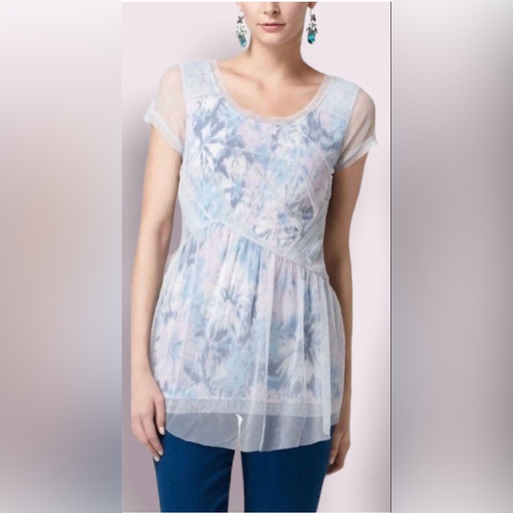 Anthropologie Meadow Rue Dhalia Tie Dye Print Mesh Overlay Peplum Top Blouse SzL